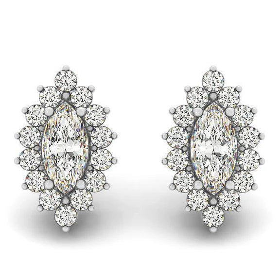 Boucles D'Oreilles Réel Diamants Coupe Ronde Et Marquise 4.20 Carats Halo WG 14K