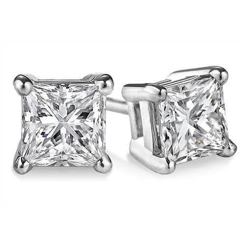 Boucles D'Oreilles Réel Diamants Sertis Griffes Taille Princesse 3 Ct En Or Blanc 14K
