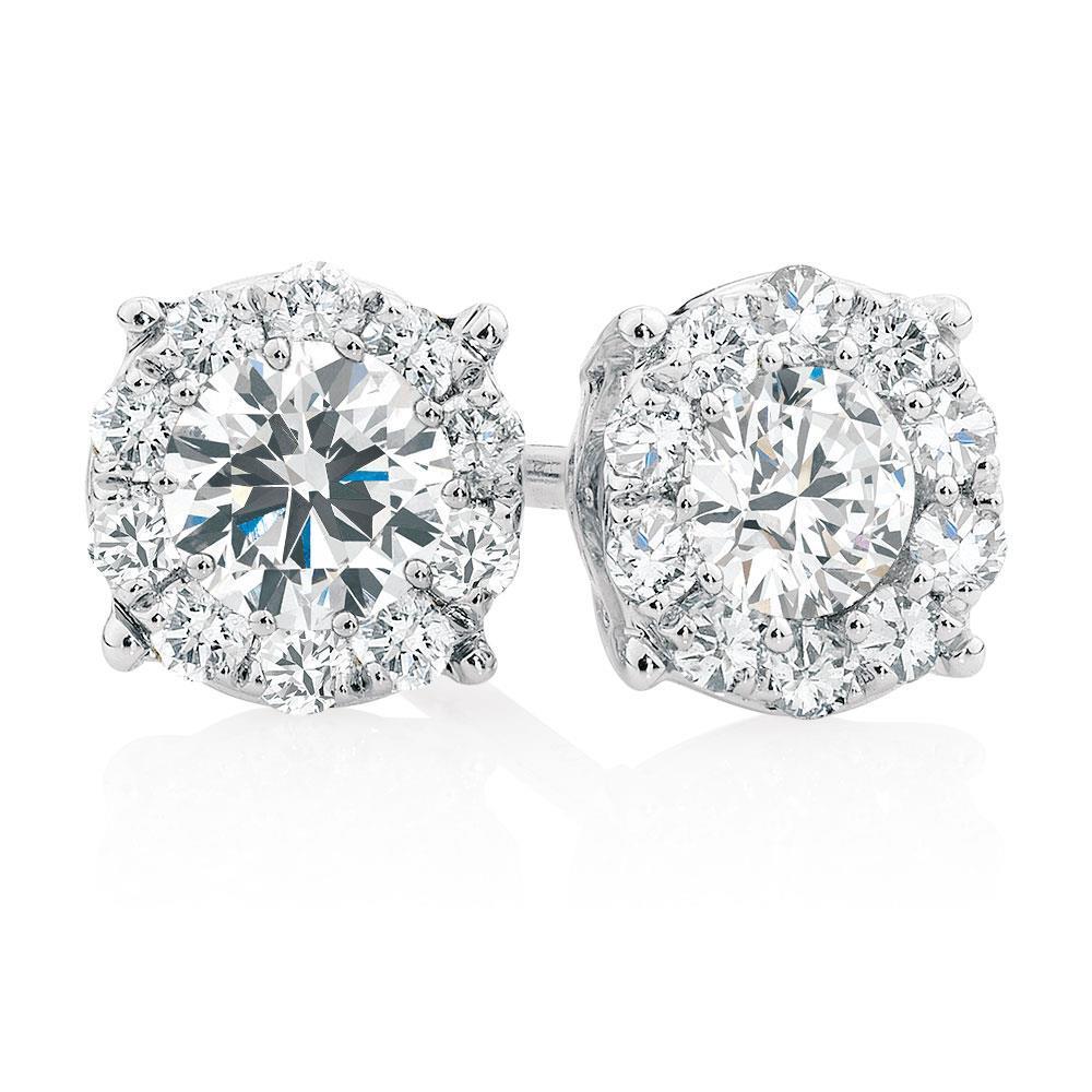 Boucles D'Oreilles Véritable Diamant Rond Halo Scintillant Or Blanc 3.50 Carats 14K