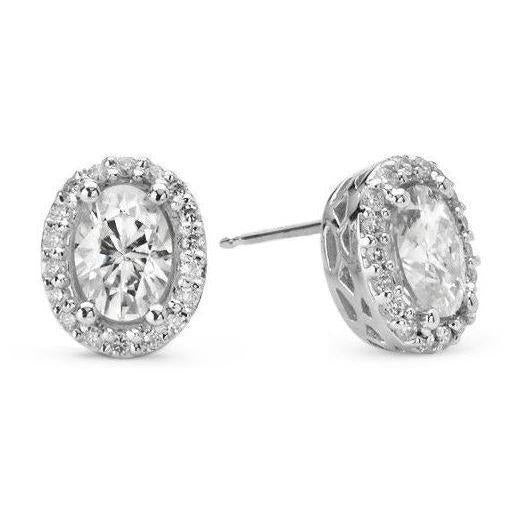 Boucles D'Oreilles Véritable Diamants Ovales Halo 3 Carats Or Blanc 14K