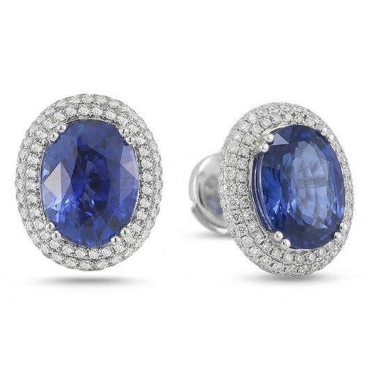 Boucles D'oreilles Puces Femme 7 Carats Saphir Et Diamants Naturels Extraits des Mines ( et non cultivés en laboratoire ) Or Blanc 14K
