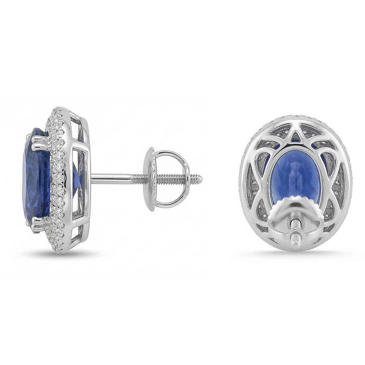 Boucles D'oreilles Puces Femme 7 Carats Saphir Et Diamants Naturels Extraits des Mines ( et non cultivés en laboratoire ) Or Blanc 14K