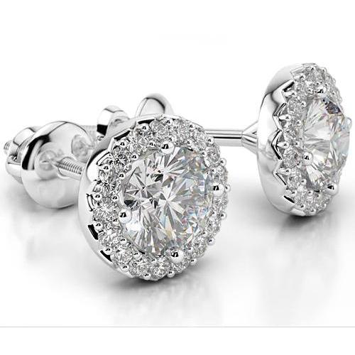 Boucles D'oreilles Authentique Diamants Halo 4 Carats Or Blanc 14K Femme