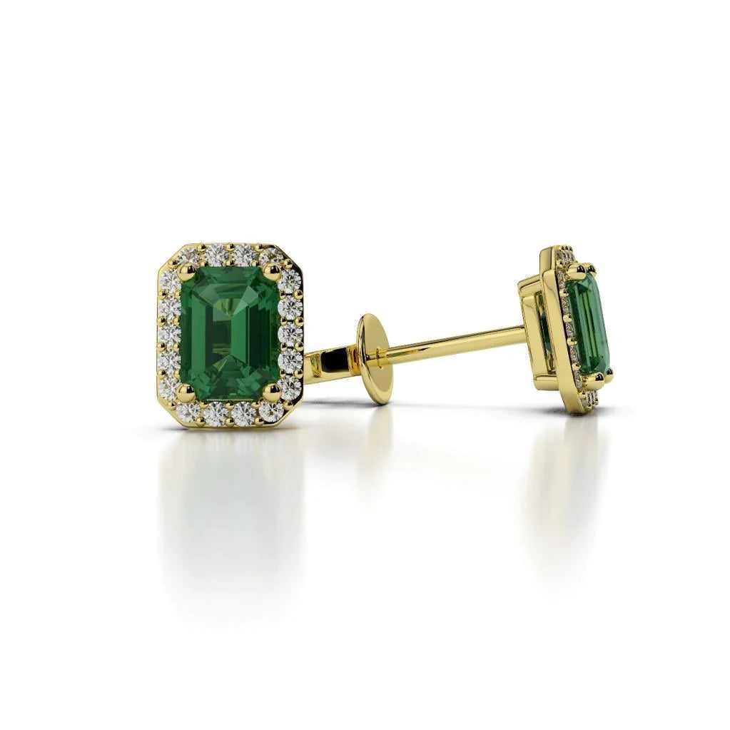 Boucles D'oreilles Clous D'Oreilles En Or Jaune 5.40 Ct Emeraude Vert Et Halo De Diamants