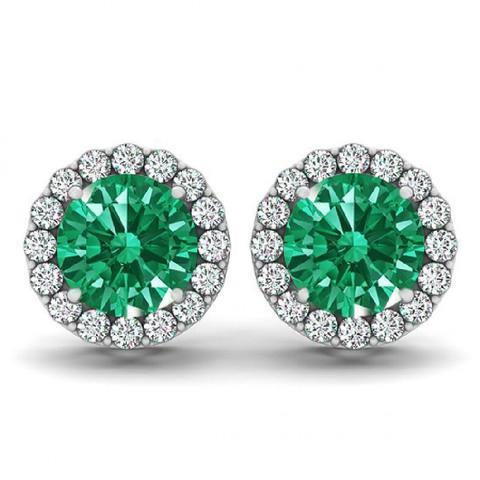 Boucles D'oreilles Clous D'Oreilles Rondes Émeraude Vert Et Halo Diamants 9 Carats Or Blanc 14K