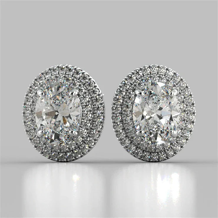 Boucles D'oreilles Clous D'oreilles Ovales A Double Halo De Réel Diamants Sertis Griffes 5 Carats Or Blanc