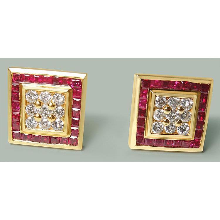 Boucles D'oreilles Clous D'oreilles Rubis Et Naturel Diamants De 3.00 Carats En Or Jaune 14 Carats