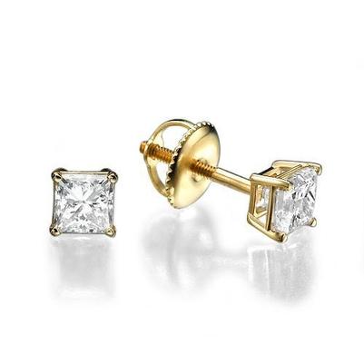 Boucles D'oreilles Clous Naturel Diamants 3.50 Carats Or Jaune 14K Taille Princesse