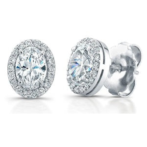 Boucles D'oreilles Clous Ovales Et Halo Réel Diamants Ronds 3.90 Carats Or Blanc 14K