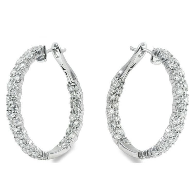 Boucles D'oreilles Créoles Dame En Or Blanc Avec Petits Réel Diamants Ronds De 6,40 Carats