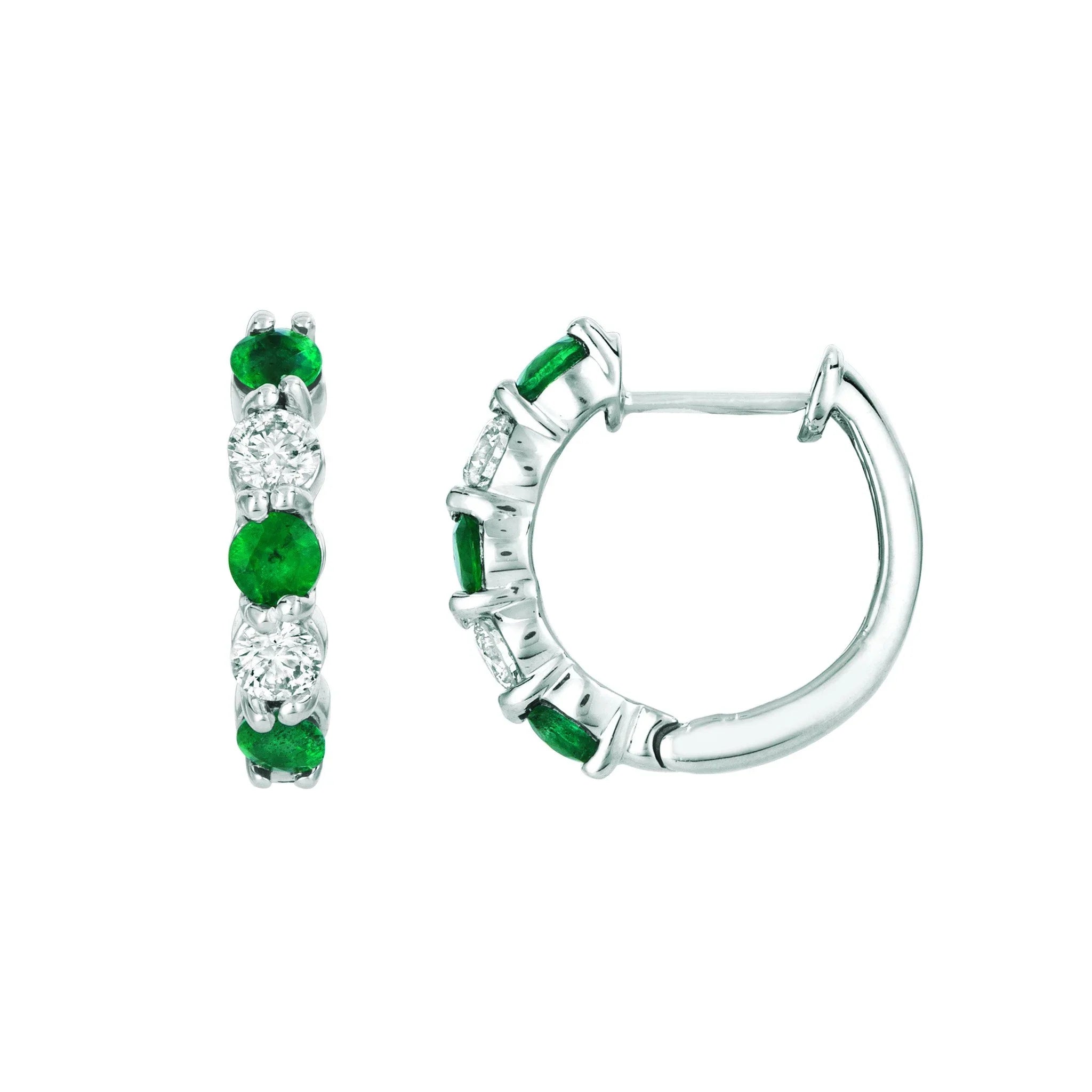 Boucles D'oreilles Créoles Émeraudes Vert Et Diamants 1 Carat Or Blanc 14K
