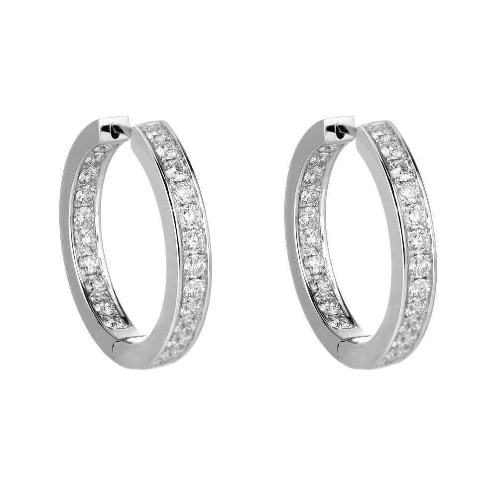 Boucles D'oreilles Créoles En Or Blanc 14K Pour Femmes 4,30 Carats De Véritable Diamants Taille Ronde