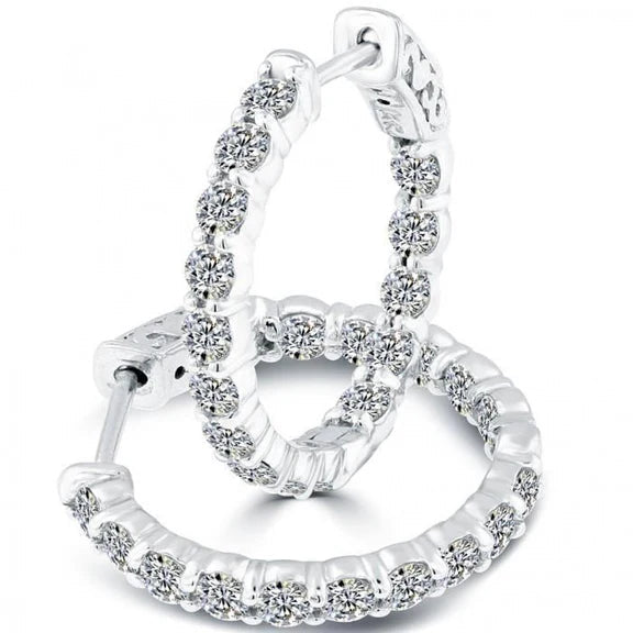 Boucles D'oreilles Créoles Pour Femme Avec Réel Diamants Ronds Rtincelants De 3 Carats En Or Blanc 14K