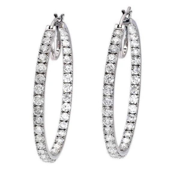 Boucles D'oreilles Créoles Réel Diamants Ronds Etincelants De 3.40 Carats En Or 14K