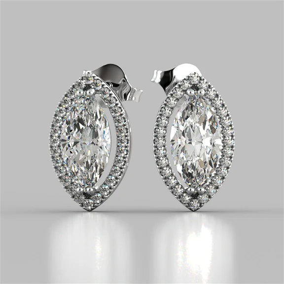 Boucles D'oreilles En Or Blanc 3.40 Ct Marquise Et Halo De Réel Diamants Ronds