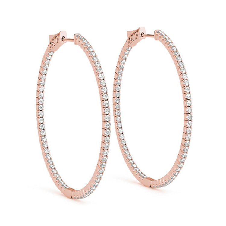 Boucles D'oreilles En Or Rose Avec Grands Naturel Diamants A L'intérieur De L'anneau De 2 Pouces