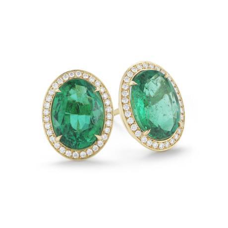 Boucles D'oreilles Femme Clous Halo 10.80 Carats Emeraude Vert Et Diamants Yg 14K