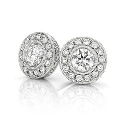 Boucles D'oreilles Halo Pour Femmes Avec Véritable Diamants Ronds De 3.10 Carats En Or Blanc 14K