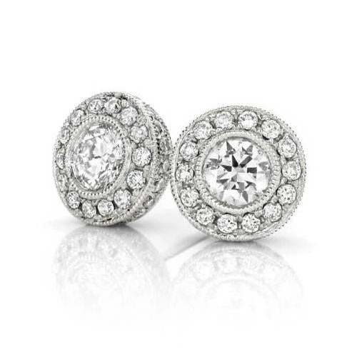 Boucles D'oreilles Halo Pour Femmes Avec Véritable Diamants Ronds De 3.10 Carats En Or Blanc 14K