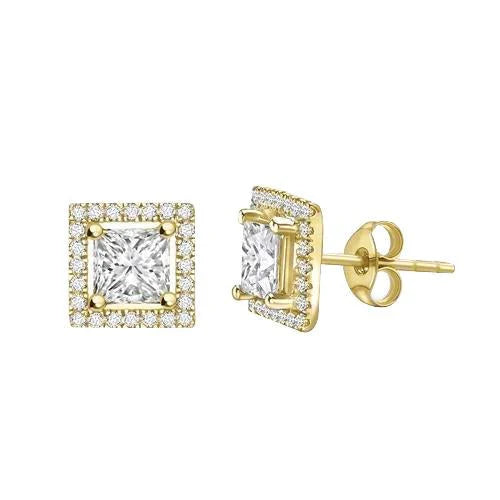 Boucles D'oreilles Halo Princess Et Réel Diamants Ronds 3.40 Ct. Or Jaune 14K