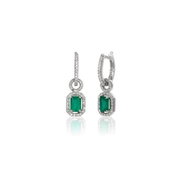 Boucles D'oreilles Lady Dangle Emeraude Vert Et Diamants 7.50 Carats Or Blanc 14K