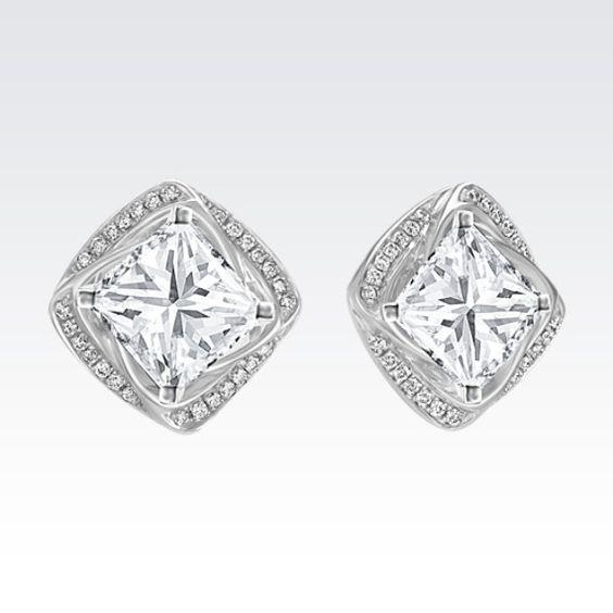 Boucles D'oreilles Pour Femmes Halo Princess Et Réel Diamants Ronds En Or 14 Carats 1.90 Ct