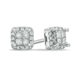 Boucles D'oreilles Princesse Et Réel Diamant Rond Halo 3.20 Carats En Or Blanc 14K