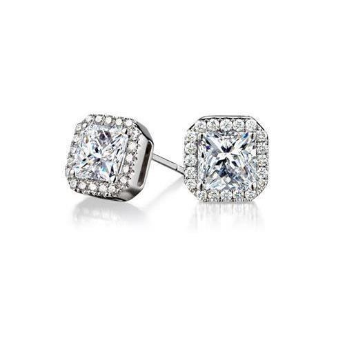 Boucles D'oreilles Princesse Et Rondes De 2.9 Carats Avec Halo De Réel Diamants Pour Dame