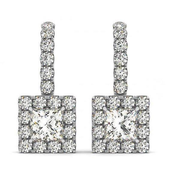 Boucles D'oreilles Princesse & Réel Diamants Ronds 2.20 Carats Or Blanc 14K