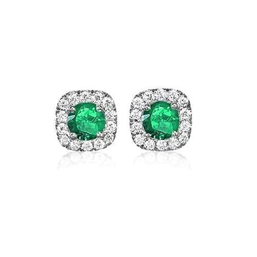 Boucles D'oreilles Puces Rondes 7 Carats Emeraude Vert Et Diamants Or Blanc 14K