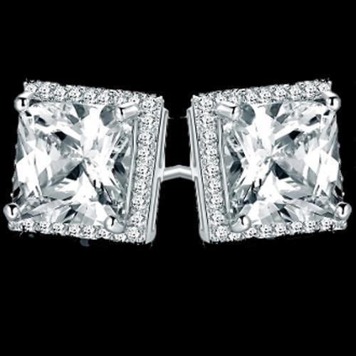 Boucles D'oreilles Réel Diamant Princesse Et Halo Rond De 2.68 Ct En Or Blanc 14k