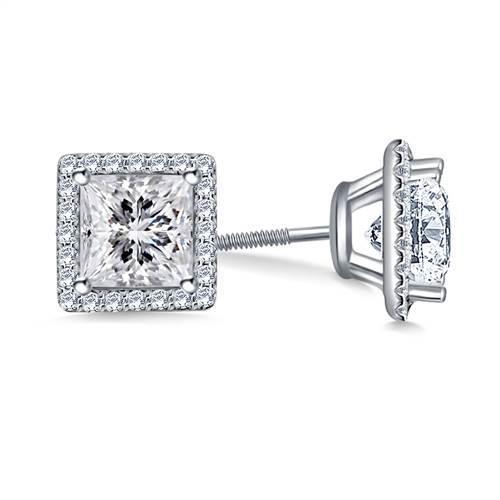 Boucles D'oreilles Réel Diamant Princesse Halo 2.5 Ct En Or Blanc 14k