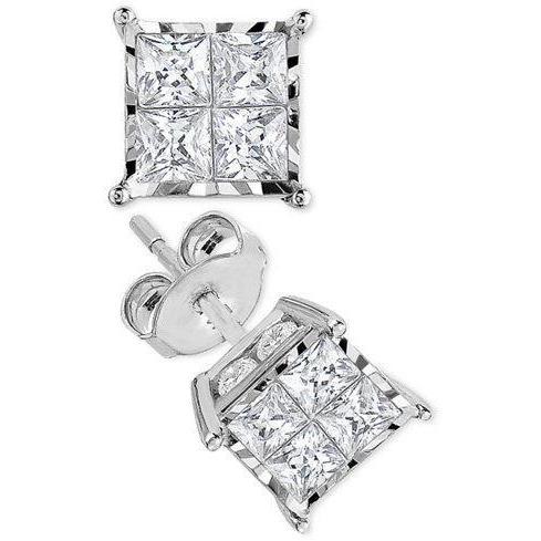 Boucles D'oreilles Réel Diamant Taille Princesse 2 Ct En Or Blanc