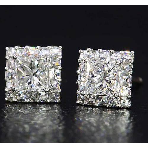 Boucles D'oreilles Réel Diamant Taille Princesse Bijoux Or Blanc 14K 