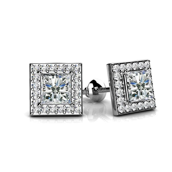 Boucles D'oreilles Réel Diamant Taille Princesse Et Halo De 2.40 Ct En Or Blanc 14k