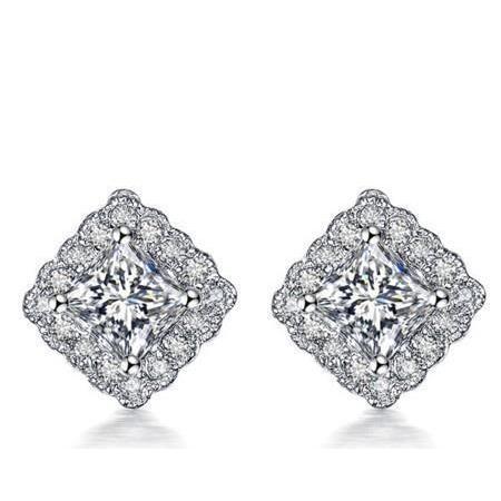 Boucles D'oreilles Réel Diamant Taille Princesse Et Ronde 2.32 Ct Halo Or Blanc 14K