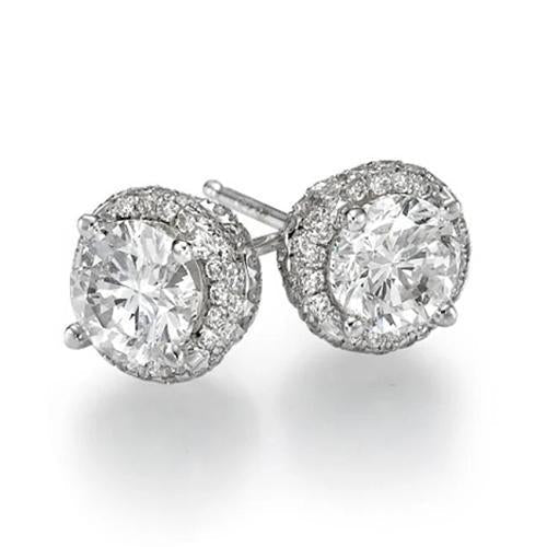 Boucles D'oreilles Réel Diamants Taille Brillant 3.50 Carats Halo Or Blanc 14K