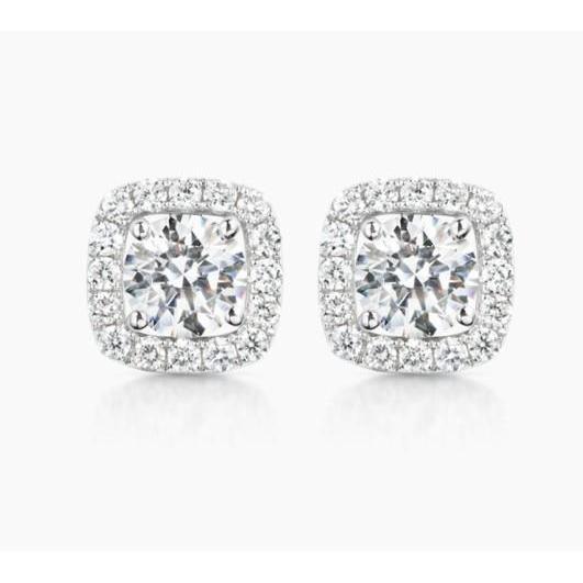 Boucles D'oreilles Tige Halo Coussin Et Réel Diamant Taille Ronde 4 Carats