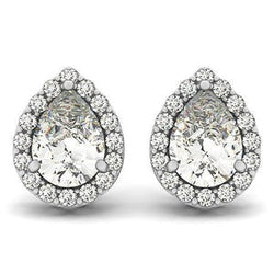 Boucles D'oreilles Tige Poire & Réel Diamants Ronds 3.32 Carats Or Blanc 14K