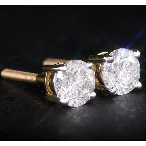 Boucles d'Oreilles Authentique Diamant Rond 1.80 Carats Panier Or Jaune 14K