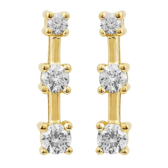 Boucles d'Oreilles Clous Style Trois Pierres Réel Diamants 0.75 Carats Or Jaune 14K