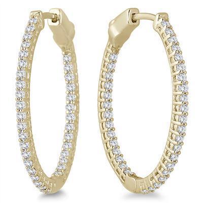 Boucles d'Oreilles Créoles Dames Véritable Diamants Etincelants En Or Jaune 14K 3.50 Carats