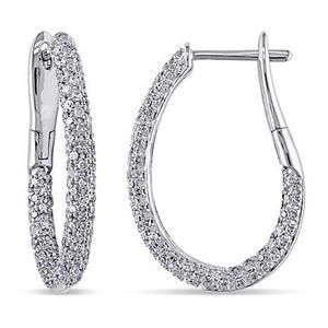 Boucles d'Oreilles Créoles Réel Diamant Taille Ronde Or Blanc 6 Carats 14K