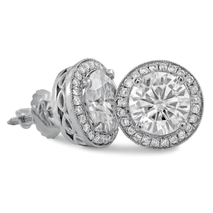 Boucles d'Oreilles Femme Clous Halo Pave Réel Diamants Ronds 5 Carats Or Blanc 14K