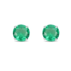 Boucles d'Oreilles Femme Emeraude Vert Ronde 6.50 Ct Or Blanc 14K Nouveau