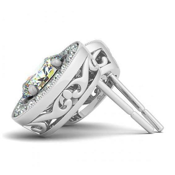 Boucles d'Oreilles Halo 2 Carats Princesse & Réel Diamants Ronds Or Blanc 14K