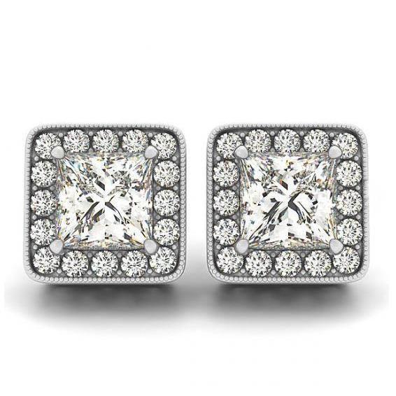 Boucles d'Oreilles Halo 2 Carats Princesse & Réel Diamants Ronds Or Blanc 14K