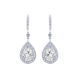 Boucles d'Oreilles Pendantes Halo Véritable Diamant Or Blanc 3.50 Carats Poire Taille Ancienne Mine