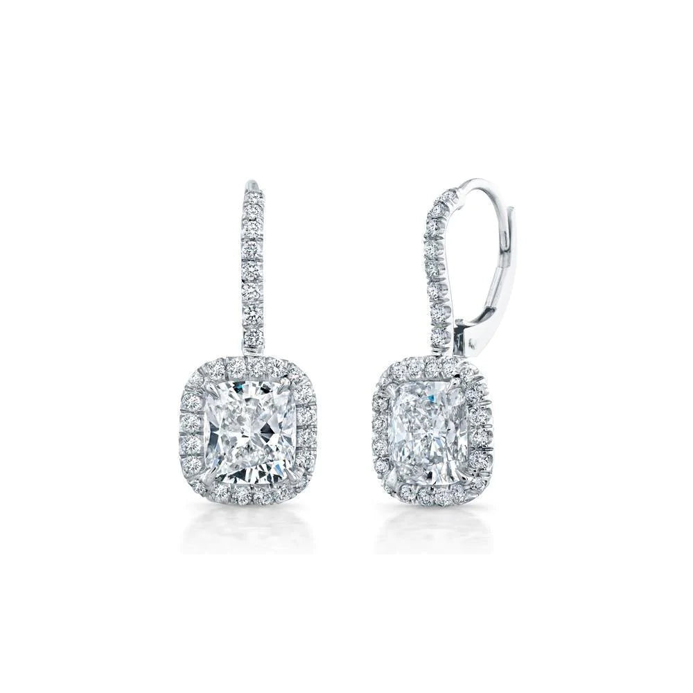 Boucles d'Oreilles Pendantes Naturel Diamant Taille Coussin & Rond Or Blanc 3.10 Carats 14K