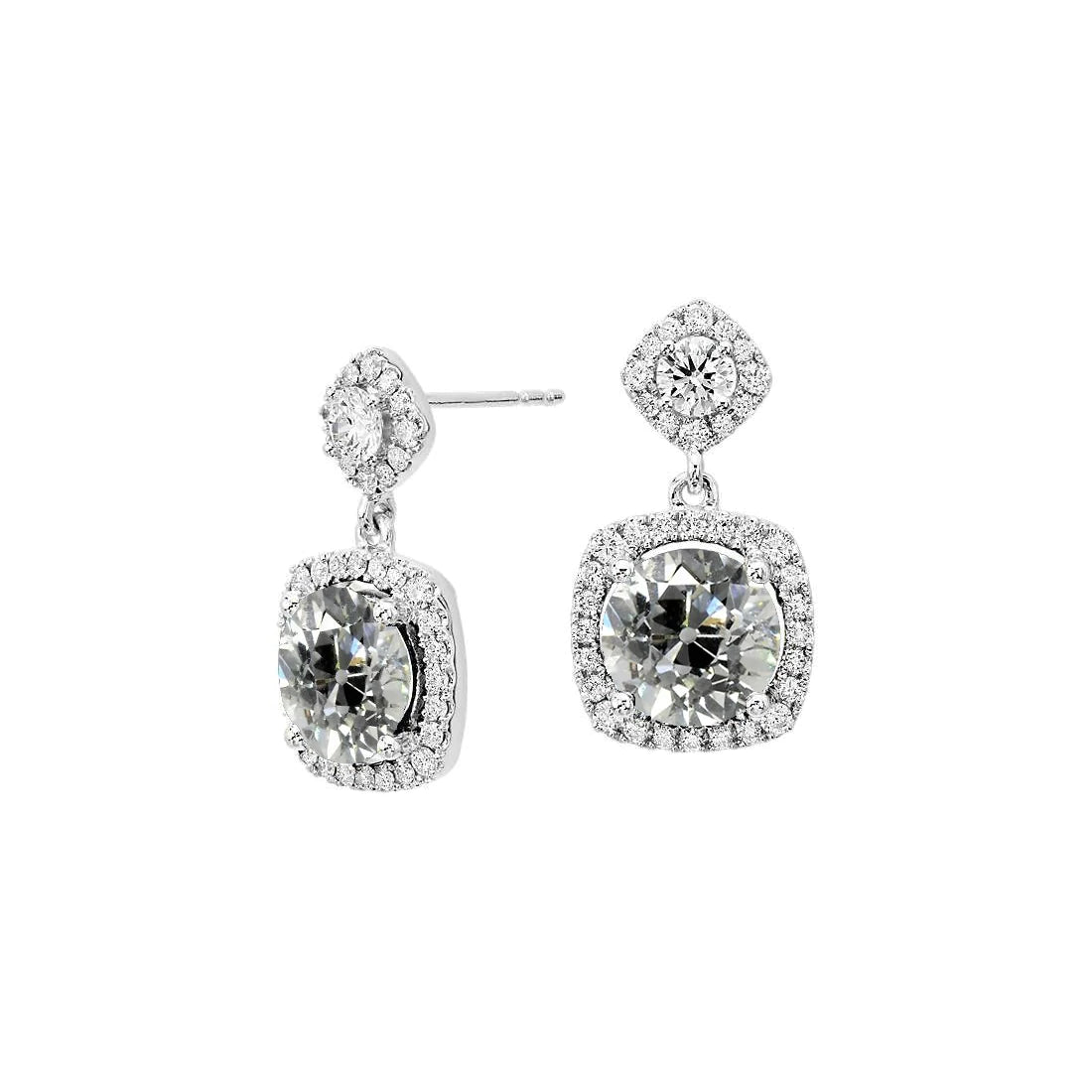 Boucles d'Oreilles Pendantes Réel Diamant Rond Taille Ancienne Mine Halo Or Blanc 5 Carats